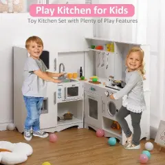 Corner Wooden Kitchen Playset for Kids w/ 12-in-1 Appliances: Stove, Oven, Sink, Microwave, Washer + Blackboard & Storage - Kids Gift