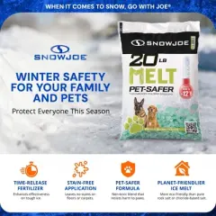 Snow Joe Pet-Safer Premium Ice Melt, CMA Formula for Driveways, Sidewalks, and Concrete, Long-Lasting and Non-Tracking, 20 Lbs, MELT20PET