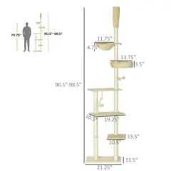 SKYONE Beige Floor-to-Ceiling Cat Tree with Adjustable Height, Multiple Platforms, Bed, Hammock,
