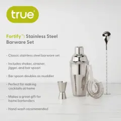 True Fortify Barware Set, Cobbler Shaker, Jigger, Muddler, Bar Spoon Stick, Hawthorne Strainer