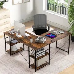 Tangkula Large L-shaped Computer Desk 60&rdquo; Convertible Corner Desk with 4 Storage Shelves 95&rdquo; 2-Person Long Study Writing Workstation Black/Rustic Brown/Natural/Grey