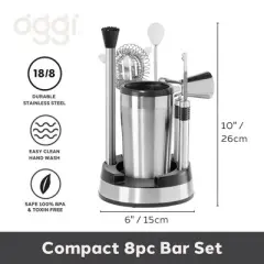 Oggi 8pc Compact Barware Set: Stainless Steel, Glass & Plastic, Hand Wash, Silver, 8 Pieces