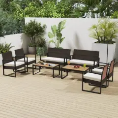 Tangkula Set of 8 PE Rattan Patio Conversation Set Outdoor Porch Chairs Loveseat with Coffee Table and Soft Cushions Metal Frame