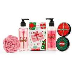 Pink Peony Fragrance 7-piece Bath & Body Spa Gift Set in Natural Wood Basket