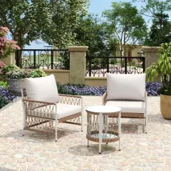 FIONECA 3-Piece Bohemian Outdoor Lounge Set &uml;C 2 Rope-Woven Chairs & Glass-Top Table with Waterproof Cushions, Patio/Garden/Poolside