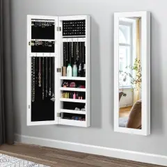 Costway Wall Door Mounted Mirrored Jewelry Cabinet Organizer Storage w/LED Light White