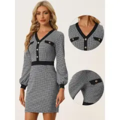 Allegra K Women's Houndstooth V Neck Long Sleeves Elegant Sheath Dresses