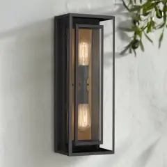 Possini Euro Design Metropolis Mid Century Modern Outdoor Wall Light Fixture Black Gold 22" Clear Glass for Post Exterior Barn Deck House Porch Yard