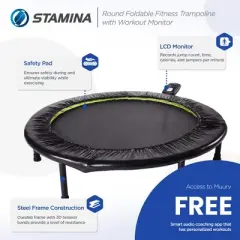 Stamina Products 36 Inch Round Foldable Full Body Cardio Fitness Trampoline with LCD Workout Track Monitor and Smart Audio Coaching App, Black