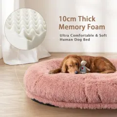 71''x45''x12''  Human Dog Bed Fits Adult 10 CM Thick Memory Foam Washable Oversize Dog Bed with Plump Pillow, Blanket, Strap - Pink
