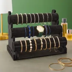 Juvale 3-Tier Velvet Bracelet Holder Stand and Organizer - Jewelry Display Rack for Selling Necklaces and Accessories (Black)