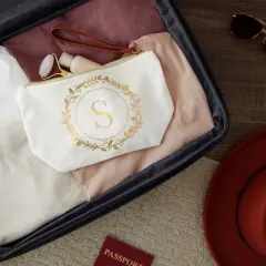 Gold Initial S Personalized Makeup Bag for Women, Monogrammed Canvas Cosmetic Pouch (White, 10 x 3 x 6 In)