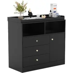 Changing Table with Drawers, Diaper Changing Station with Cabinet and 2 Open Compartments, Multi-Functional Baby Dresser for Nursery, Bedroom, Black