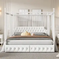 King/Queen Size Metal Canopy Platform Bed Frame with Upholstered Headboard and Two Storage Drawers, White -ModernLuxe