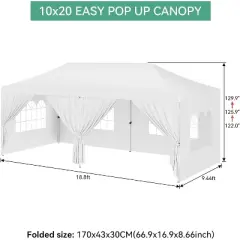 Upgraded 10x20 Pop Up Canopy Tent with 6 Removable Sidewalls, Commercial Heavy Duty Thicken Legs Canopy Tents with Roller Bag, Sand Bags, Stakes