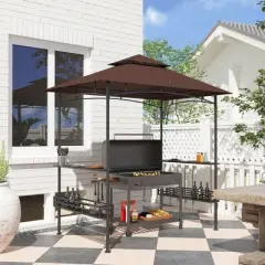 Outsunny 8' x 5' Grill Gazebo, 2-Tier Outdoor BBQ Gazebo with 2 Side Shelves, Storage Baskets and Ceiling Hook