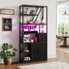 Wine Bar Cabinet with LED Lights, Power Outlets, Wine Rack