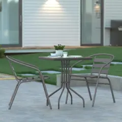 Emma and Oliver 23.5'' Square Glass Top Metal Table with 2 Aluminum Slat Stack Chairs