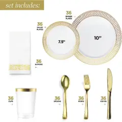 Chateau Fine Tableware 252-Piece White And Gold Plates, Napkins, Party Supplies, Dinnerware For Adults (36 Sets)