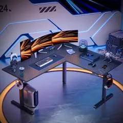 Bestier 63&rdquo; L-Shaped Standing Desk with Hooks, Height Adjustable Simple Gaming Desk with Charging Station & Power Outlet for Home Office & Bedroom