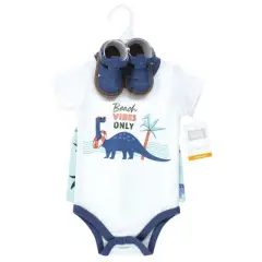 Hudson Baby Infant Boy Cotton Bodysuit, Shorts and Shoe Set, Beach Dino