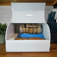 AuldHome Large White Bread Box; Farmhouse Enamelware Vintage Style Family Size Countertop Bread Bin