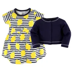 Touched by Nature Baby and Toddler Girl Organic Cotton Dress and Cardigan 2pc Set, Lemons