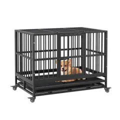 Heavy Duty Dog Cage Metal Kennel and Crate, Escape Proof Dog Cage Kennel,360&deg; Lockable Wheels and Removable Tray