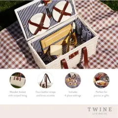 Twine Tahoe Outdoor Picnic Basket with Lid and Handle, Four Person Picnic Basket with Accessories Picnic Equipment 28-Piece Set