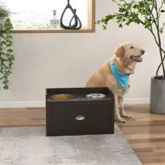 DSVIMOY Large Elevated Dog Bowls with Storage, Raised Dog Bowl Stand, Coffee, 23.5"*11.8"*14.3"