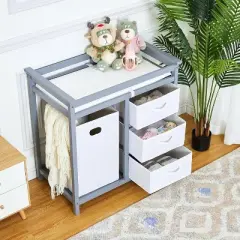 Wooden Baby Changing Table, Baby Changing Station Dresser with Laundry Hamper, Diaper Changing Table, 3 Drawer Basket for Baby Newborn Infant, Gray