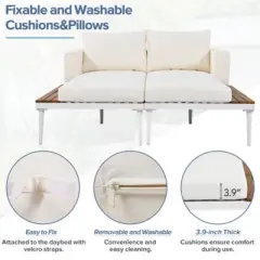 Outdoor Daybed Patio Metal Daybed with Wood Topped Side Spaces for Drinks, 2 in 1 Padded Chaise Lounges for Poolside, Balcony