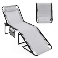 Costway Patio Folding Chaise Lounge Chair Portable Sun Lounger with Adjustable Backrest Grey/Navy