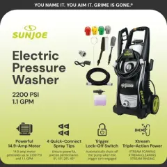 Sun Joe XTREAM Electric Pressure Washer, 4 Nozzle Foam Cannon with Wheels and Bristle Brushes, 20 ft Hose and 35 ft Power Cord, SPX3000-XT1