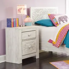 Paxberry Two Drawer Nightstand White Wash - Signature Design by Ashley: Traditional Style, USB Port, Storage Function