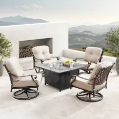 Oakland Living 5pc Deep Seating Swivel Aluminum Outdoor Patio Fire Pit Dining Set with Fire Table with Diamond Pattern Copper
