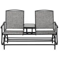 Gardenised Two Person Outdoor Double Swing Glider Chair Set with Center Tempered Glass Table, Loveseat Lawn Rocker Bench