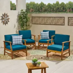 Perla 4pk Acacia Wood Club Chairs - Teak/Blue - Christopher Knight Home: Outdoor Seating with Iron Hardware, Foam Cushions