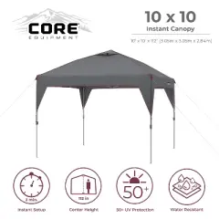 CORE Instant Canopy 10 x 10 Foot Outdoor Pop Up Shade Canopy Shelter Tent, Gray