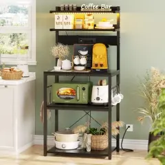 Aheaplus Kitchen Storage Rack with Power Outlet, Coffee Bar Station with LED Lights, Bakers Rack with 6 S-Shaped Hooks