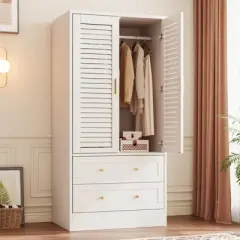Wooden Armoire Wardrobe Closet - 2 Doors & 2 Drawers, Freestanding Bedroom Storage Cabinet with Shelves