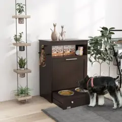 Kumasinova Pet Feeder Station Storage Cabinet with Open Shelf,Dog Food Storage Container with Dog Raised Bowls and Hanger