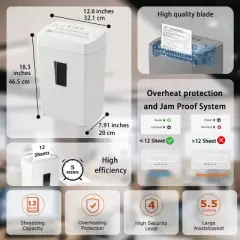 Bonsaii 12-Sheet Cross Cut Shredder, 5.5 Gal, for Paper, Credit Cards, Mail, Staples, P-4 Security, Transparent Window, White, for Home Office