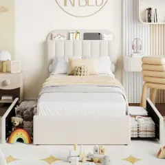 Twin/Twin-XL/Full/Queen Size Bed Frame for Kids with Storage Drawers & Bookcase Headboard, Boucle Platform Bed, Noise-Free, No Box Spring Needed