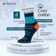 Women's Cotton Diabetic Quarter Patterned Socks - 4 Pack - Shoe Size 5-9 M, 8-12 L - Heart, Stripe, Flower - Black, Blue | 7BIGSTARS KINGDOM