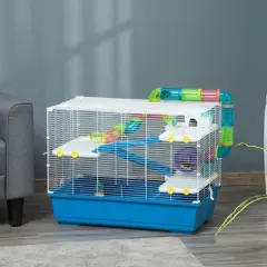PawHut Extra Large 31" Hamster Cage with Tubes Tunnels, Portable Carry Handles, Rat House 4-Tier Design, with Wheel, Water Bottle, Food Dish, Blue