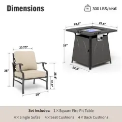 Captiva Designs 5pc Metal Patio Outdoor Conversation Fire Pit Set with Grid-back Armchairs for Garden, Poolside, Backyard