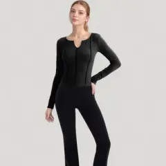 Anna-Kaci Active Women's Long Sleeve Fitted Athletic Top with Notch Neckline and Contoured Seams