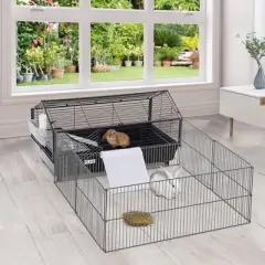 PawHut Small Animal Cage Bunny Playpen with Main House and Run for Rabbit, Guinea Pigs, Chinchilla for Indoor and Outdoor