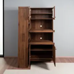 Kitchen Pantry Cabinet with Multi-Tier Pull-Out Storage, Farmhouse Tall Cabinet with 4 Doors, Expandable Shelf Organizers for Kitchen, Dining Room